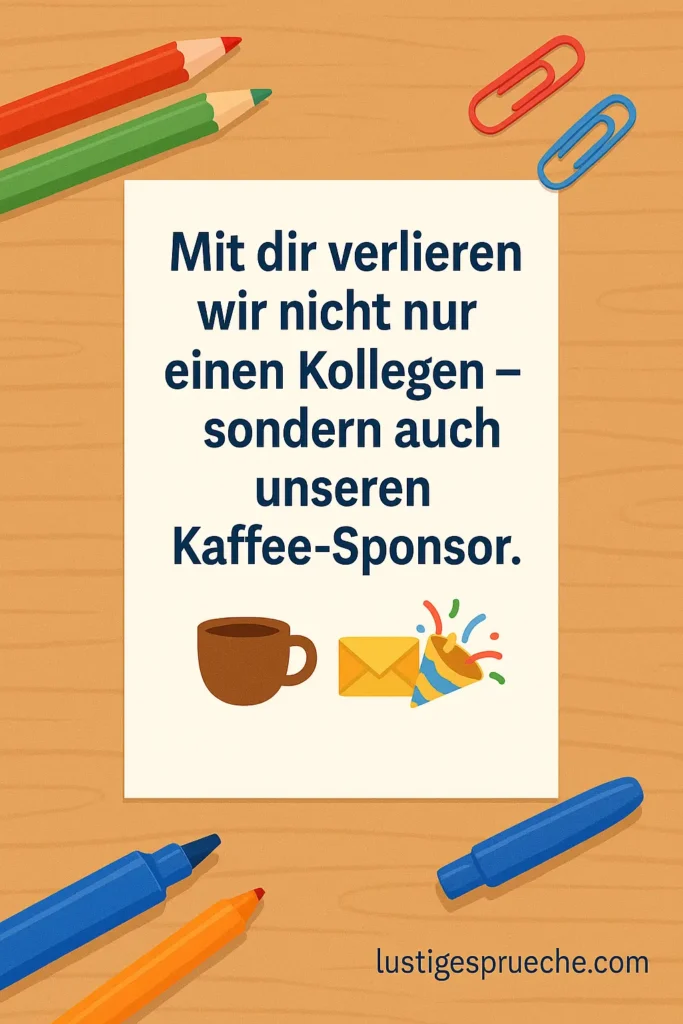 Humorvolle sprüche abschied kollege arbeitsplatzwechsel lustig für Karten – bunte Bürodeko mit Abschiedskarte und witzigem Zitat über Kaffee-Sponsor.