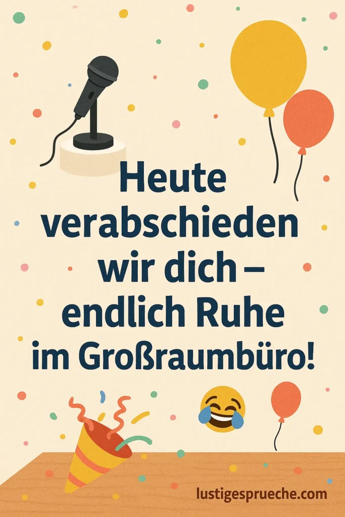 Lustige sprüche abschied kollege arbeitsplatzwechsel für Reden – Bild mit Mikrofon, Luftballons und witzigem Abschieds-Zitat fürs Büro.