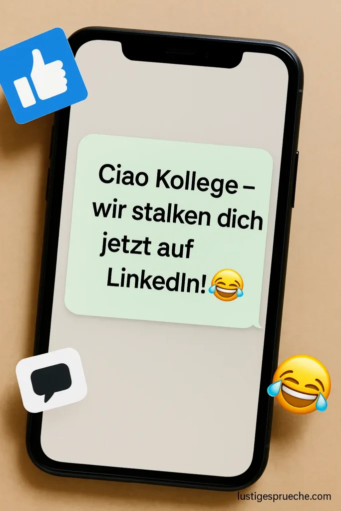 Sprüche abschied kollege arbeitsplatzwechsel lustig für WhatsApp & Social Media – witziges Zitat „Ciao Kollege – wir stalken dich jetzt auf LinkedIn!“ mit Smartphone-Deko.