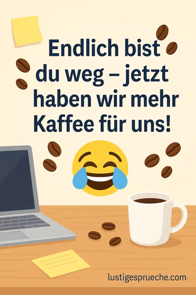 Lustige sprüche abschied kollege arbeitsplatzwechsel – witziges Bild mit Kaffee, Bürohumor und Zitat „Endlich bist du weg – jetzt haben wir mehr Kaffee für uns!“.