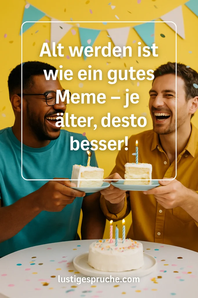 „Zwei lachende Freunde stoßen mit Kuchen und Konfetti an – lustige Geburtstagsgrüße für Freunde auf lustigespruche.com“