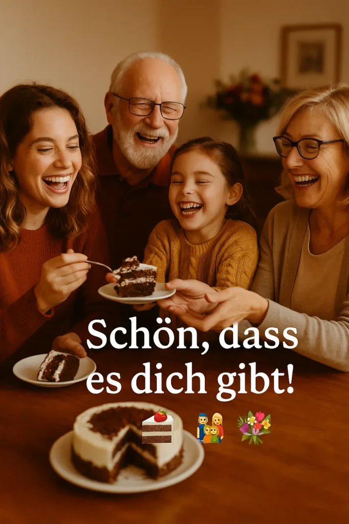 Glückwünsche zum Geburtstag für Freunde und Familie – herzliches Bild mit lachenden Menschen und liebevollem Spruch für WhatsApp oder Karten.