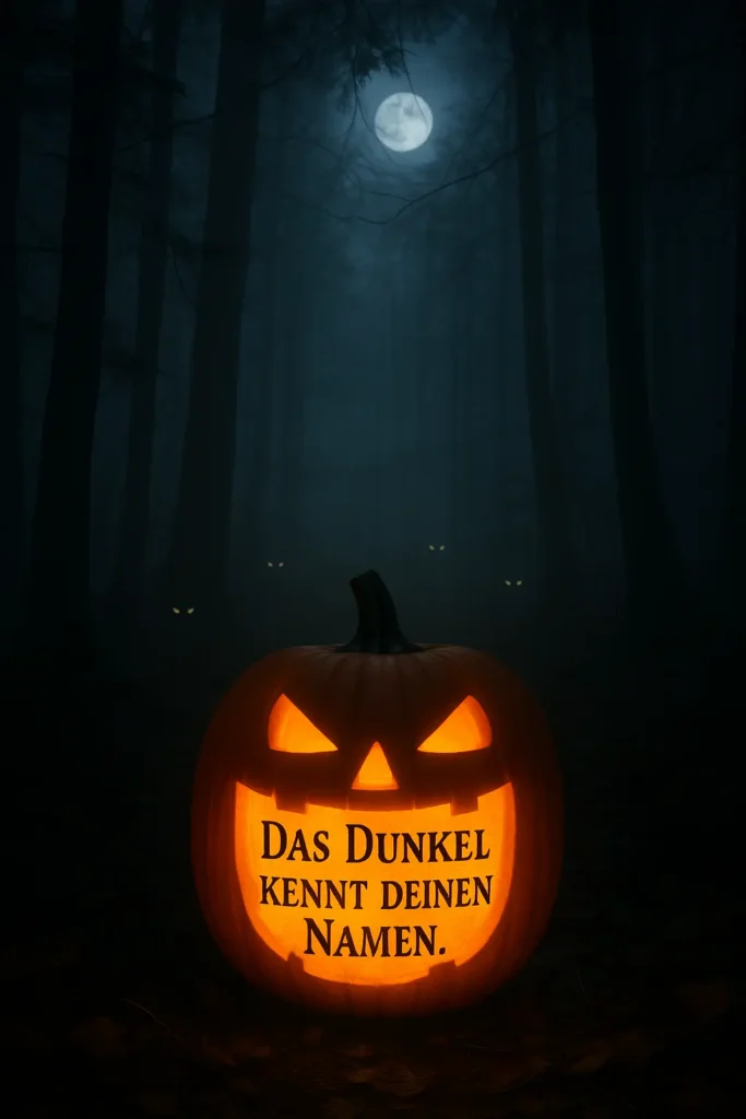 Gruseliger Spruch zu Halloween – nebliger Wald mit Kürbis und Zitat „Das Dunkel kennt deinen Namen.“ – mystische Stimmung, lustigespruche.com.