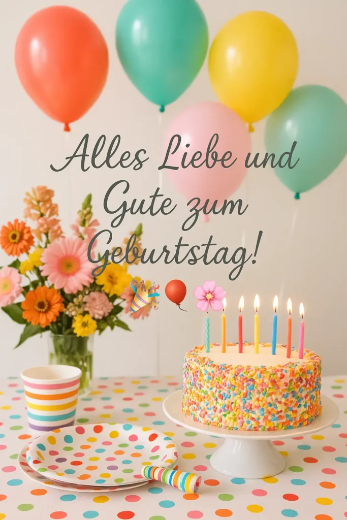 Herzliche Glückwünsche zum Geburtstag – ein fröhliches Geburtstagsbild mit Torte, Luftballons und liebevollem Zitat, ideal für Karten und Pinterest-Pins.