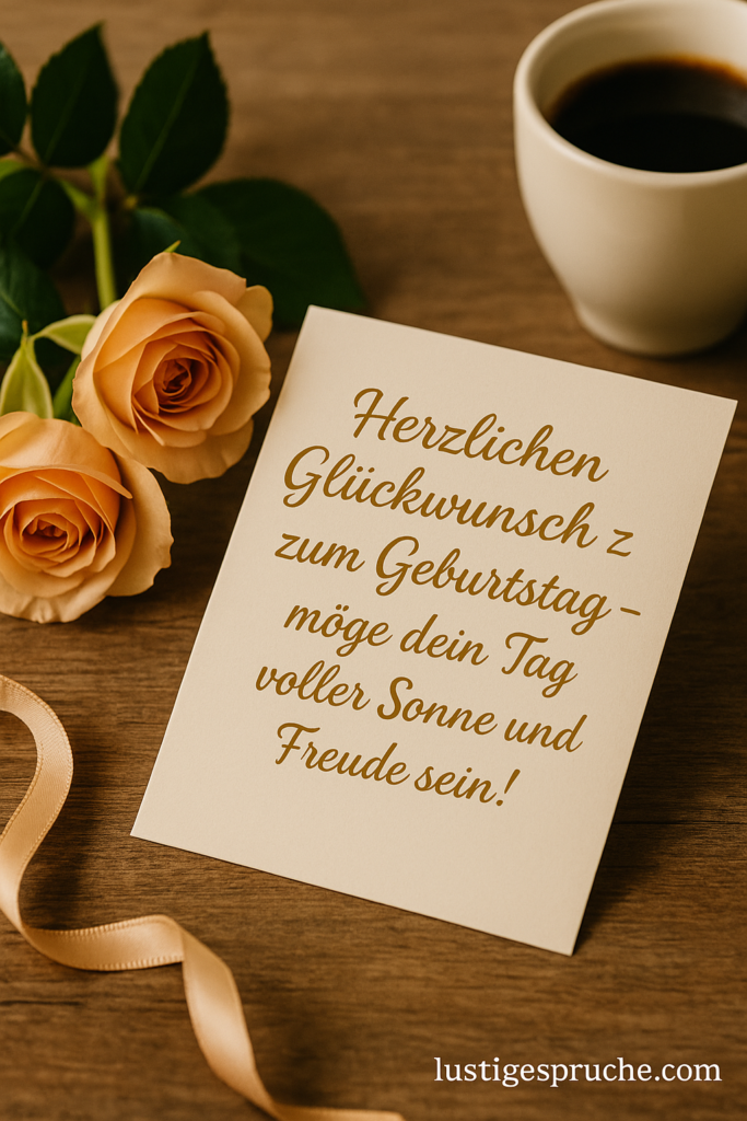 Elegante Geburtstagskarte mit dem Zitat „Herzlichen Glückwunsch zum Geburtstag – möge dein Tag voller Sonne und Freude sein!“, dekoriert mit Rosen, Kaffee und Geschenkband auf Holztisch. Klassischer Stil, warmes Licht – ideal für traditionelle Glückwünsche.
