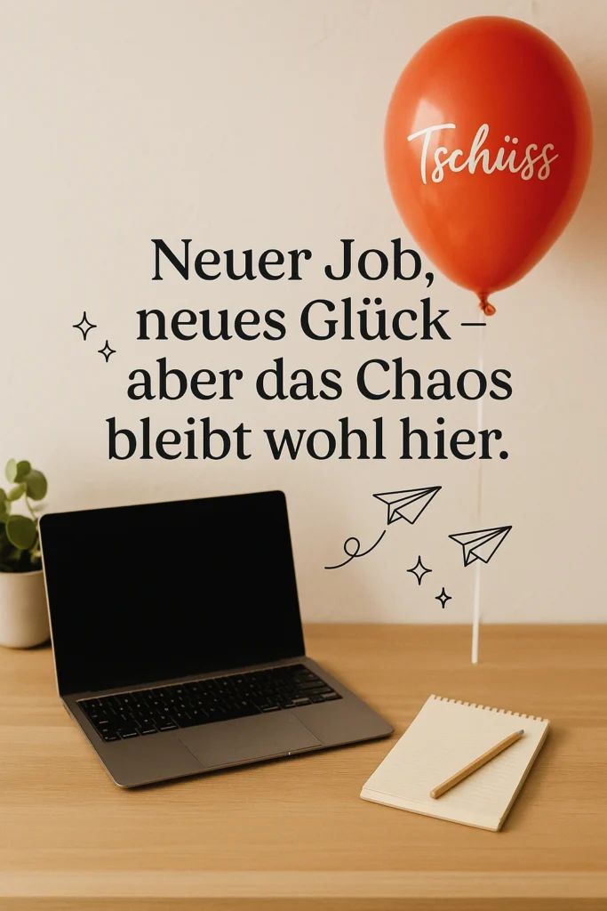 Witziger Spruch zum Jobwechsel für Kollegen – humorvolle Abschiedskarte mit Ballons und Laptop.