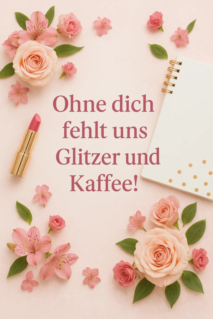 Lustige Sprüche für Kolleginnen zum Abschied – charmantes Bild mit Zitat und femininen Büro-Accessoires.