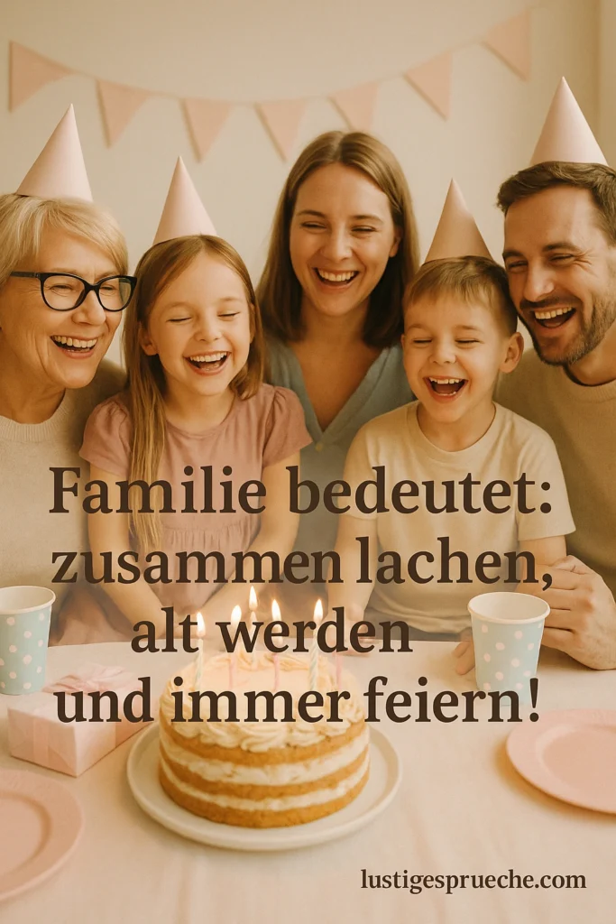 „Familie feiert Geburtstag mit Lachen und Kuchen – lustige Geburtstagsgrüße für Familie auf lustigespruche.com“