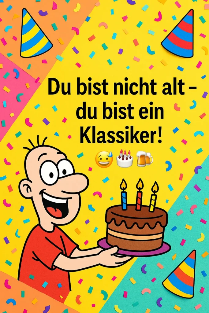Lustige Glückwünsche zum Geburtstag – witziges Bild mit Partyhüten, Torte und humorvollem Spruch für Freunde und Kollegen.