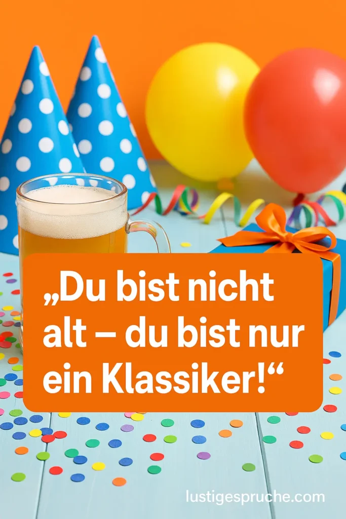 Lustiger Spruch für Männer zum Geburtstag – humorvolles Geburtstagsbild mit Bier, Konfetti und Partyhüten. Zitat: „Du bist nicht alt – du bist nur ein Klassiker!“ – lustigespruche.com