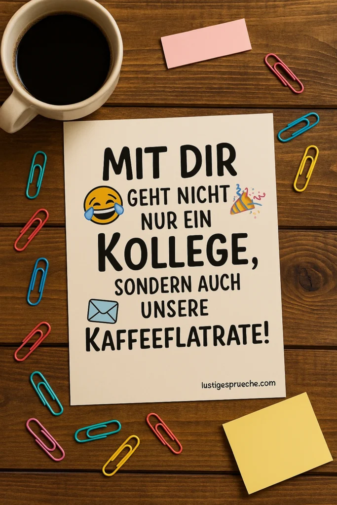 Lustige Sprüche für Kollegen zum Abschied im Büro mit Kaffeetasse und Humor – Abschiedskarte mit Spruch „Mit dir geht nicht nur ein Kollege, sondern auch unsere Kaffeeflatrate!“