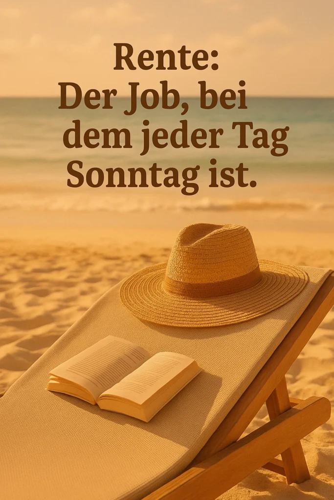 Lustiger Spruch zum Ruhestand – humorvolles Bild mit Sonnenstuhl und Zitat über die Rente.