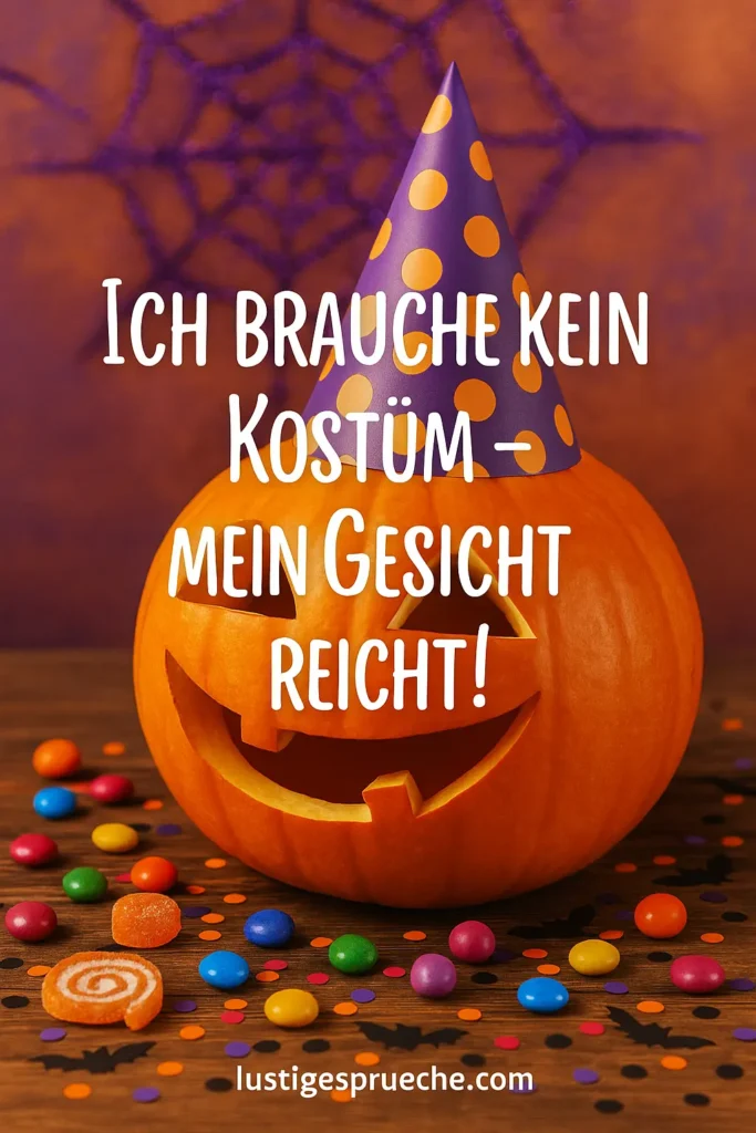 Lustiger Spruch zu Halloween – lachender Kürbis mit Zitat „Ich brauche kein Kostüm – mein Gesicht reicht!“ – humorvolle Halloween-Dekoration, lustigespruche.com.