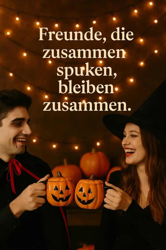 Spruch zu Halloween für Freunde – zwei Freunde feiern mit Zitat „Freunde, die zusammen spuken, bleiben zusammen.“ – festliche Halloween-Stimmung, lustigespruche.com.