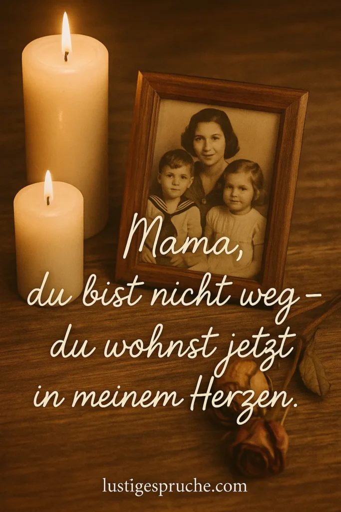 „Zwei Kerzen und ein Familienfoto mit Zitat ‚Mama, du bist nicht weg – du wohnst jetzt in meinem Herzen.‘ – Totensonntag Sprüche für Eltern – lustigespruche.com“
