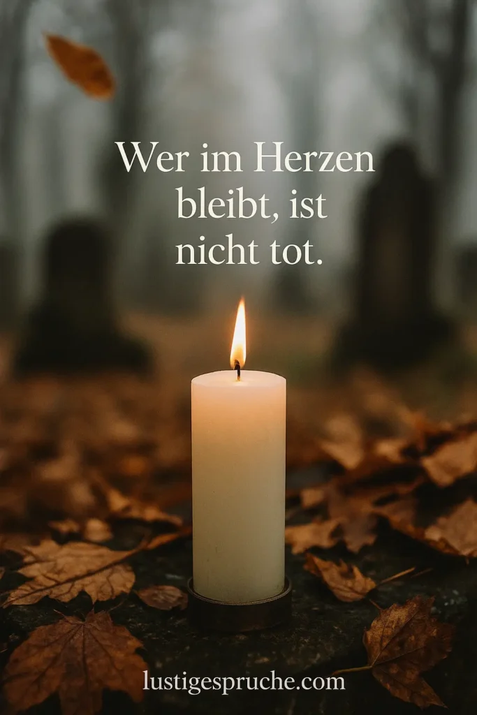 „Kerze im Nebel mit Zitat ‚Wer im Herzen bleibt, ist nicht tot.‘ – Totensonntag Sprüche zum Nachdenken – lustigespruche.com“